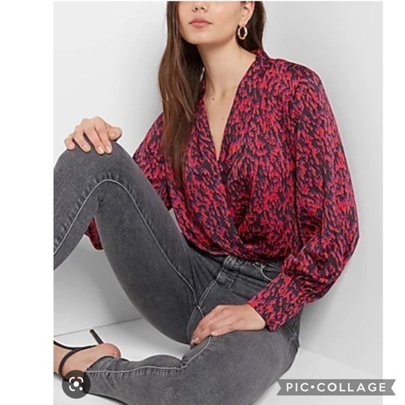 Express Tops - Express Red Abstract Surplice Neck Blouse Top NWT S